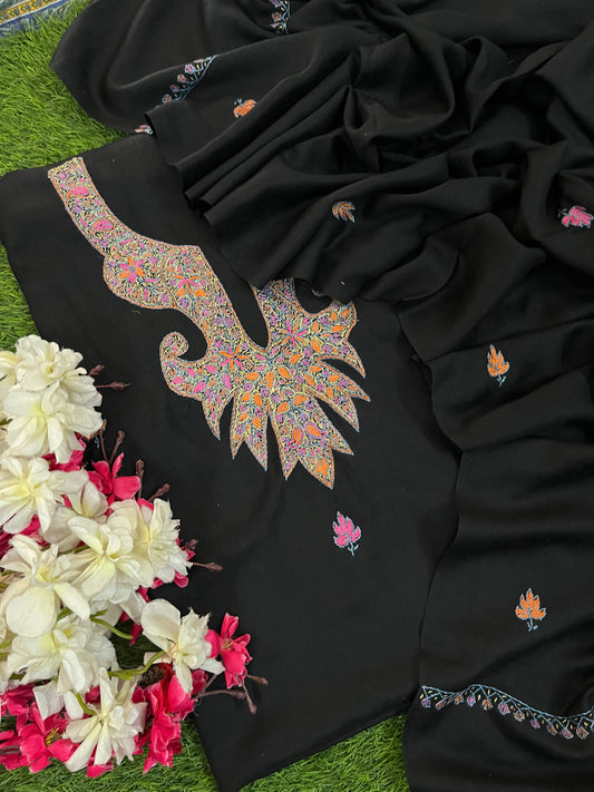 Black Fine Wool Sozni Embroidered 3pc Suit Stole