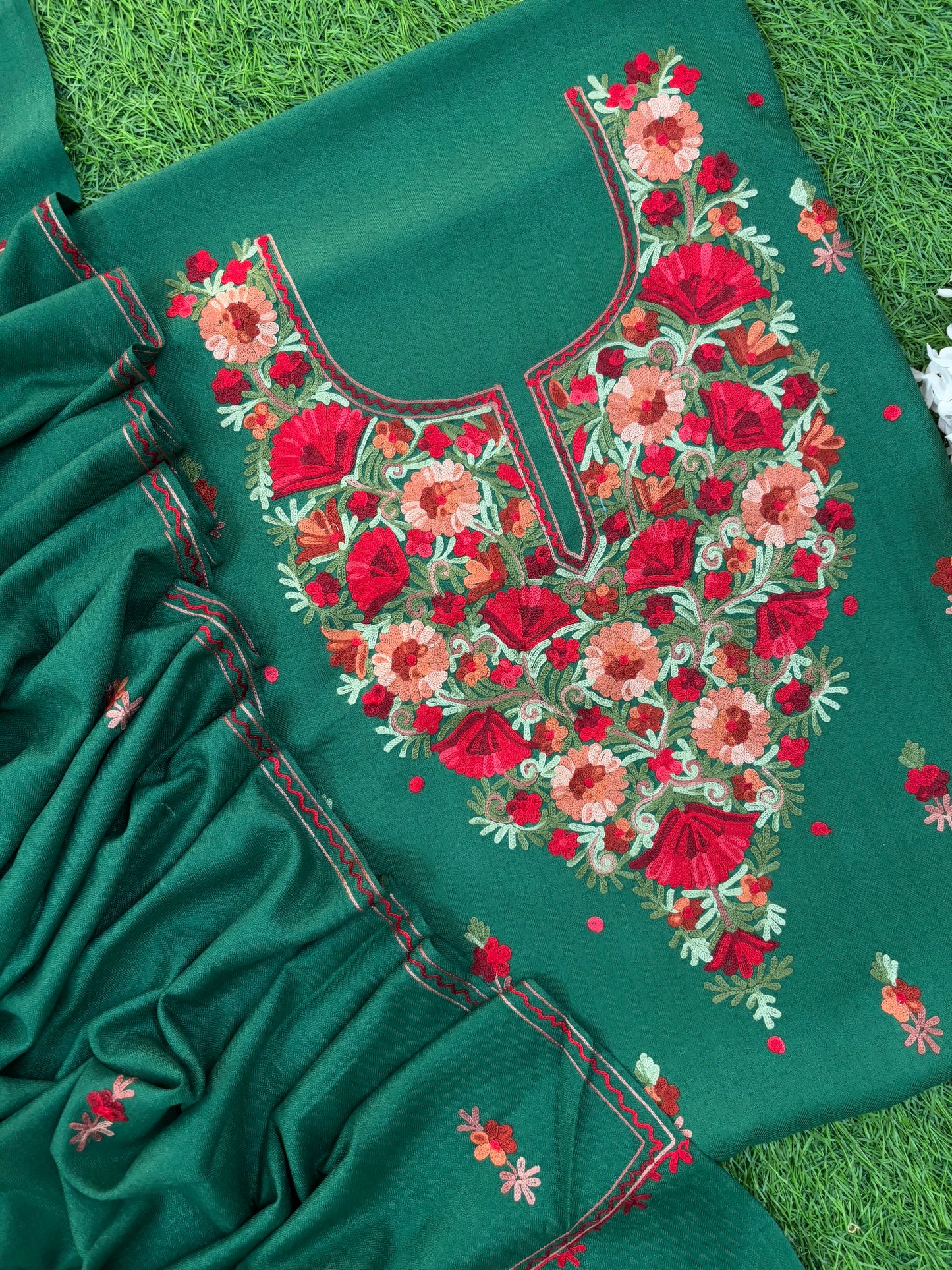 Bottle Green Woollen Aari Embroidered 3pc suit