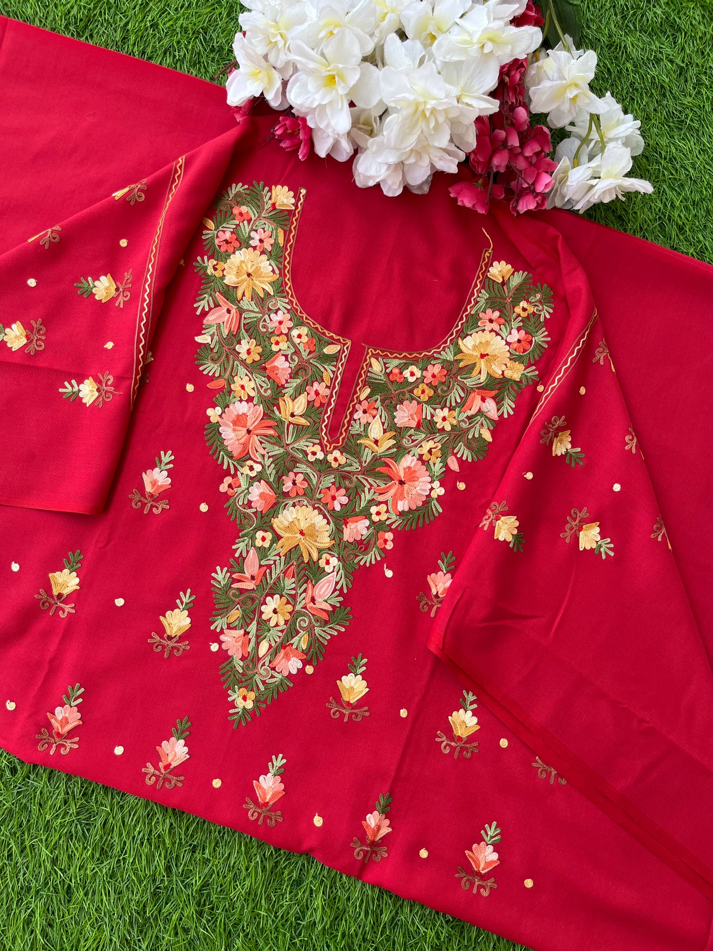 Red Cotton Two Piece Set (Aari Embroidered)