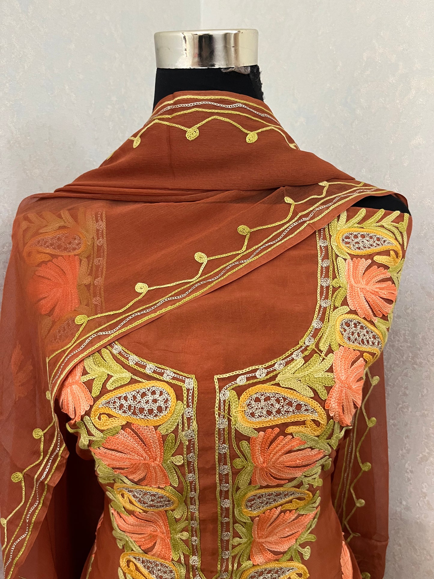 Dull Orange Opada Silk Kashmiri Suits