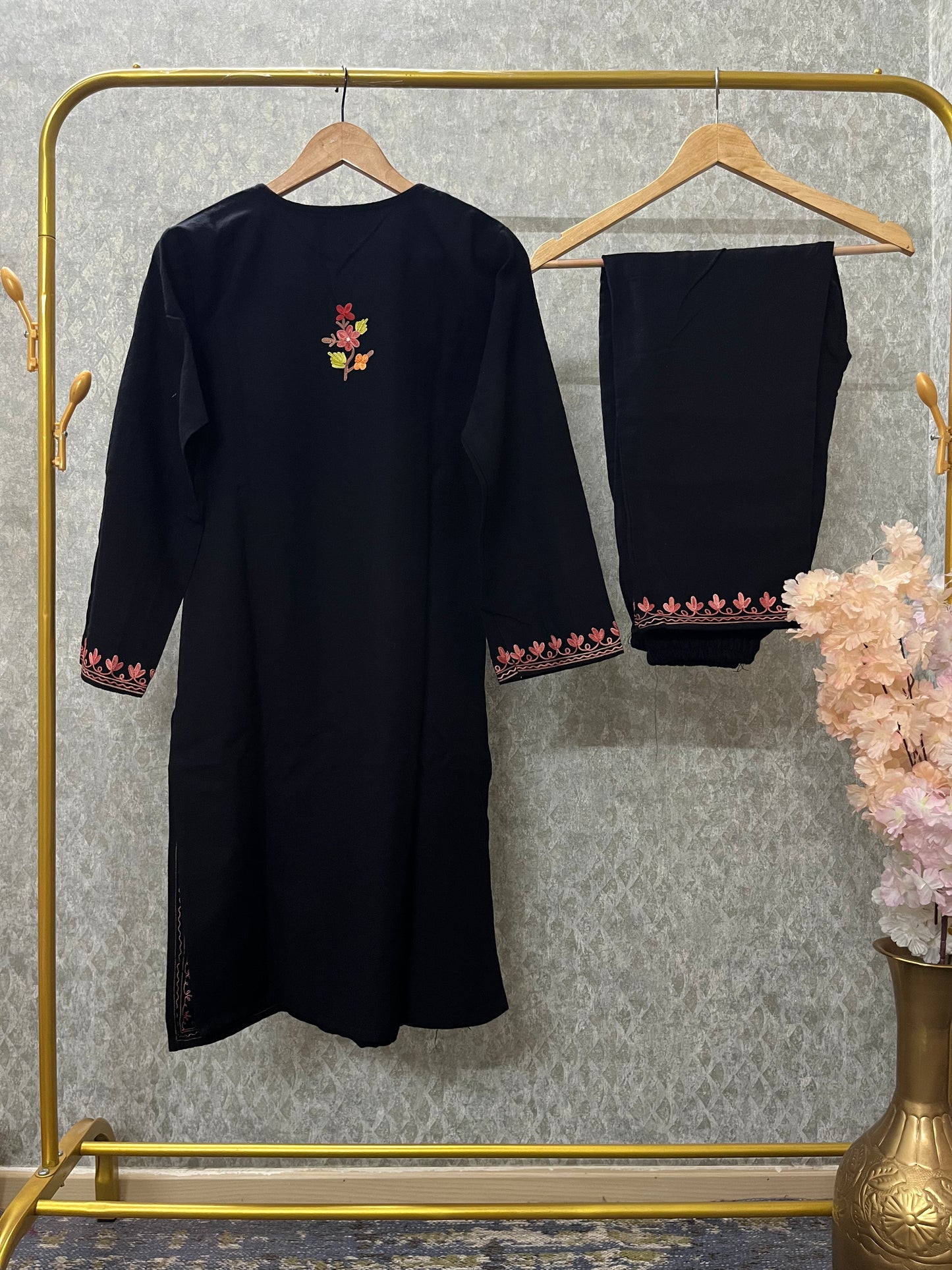 Black Woollen Kashmiri Co-Ord Set ( Size 36)