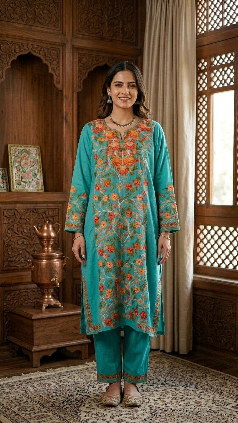 Sea Green Cotton Front Jaal Pheran Set  Size (46)