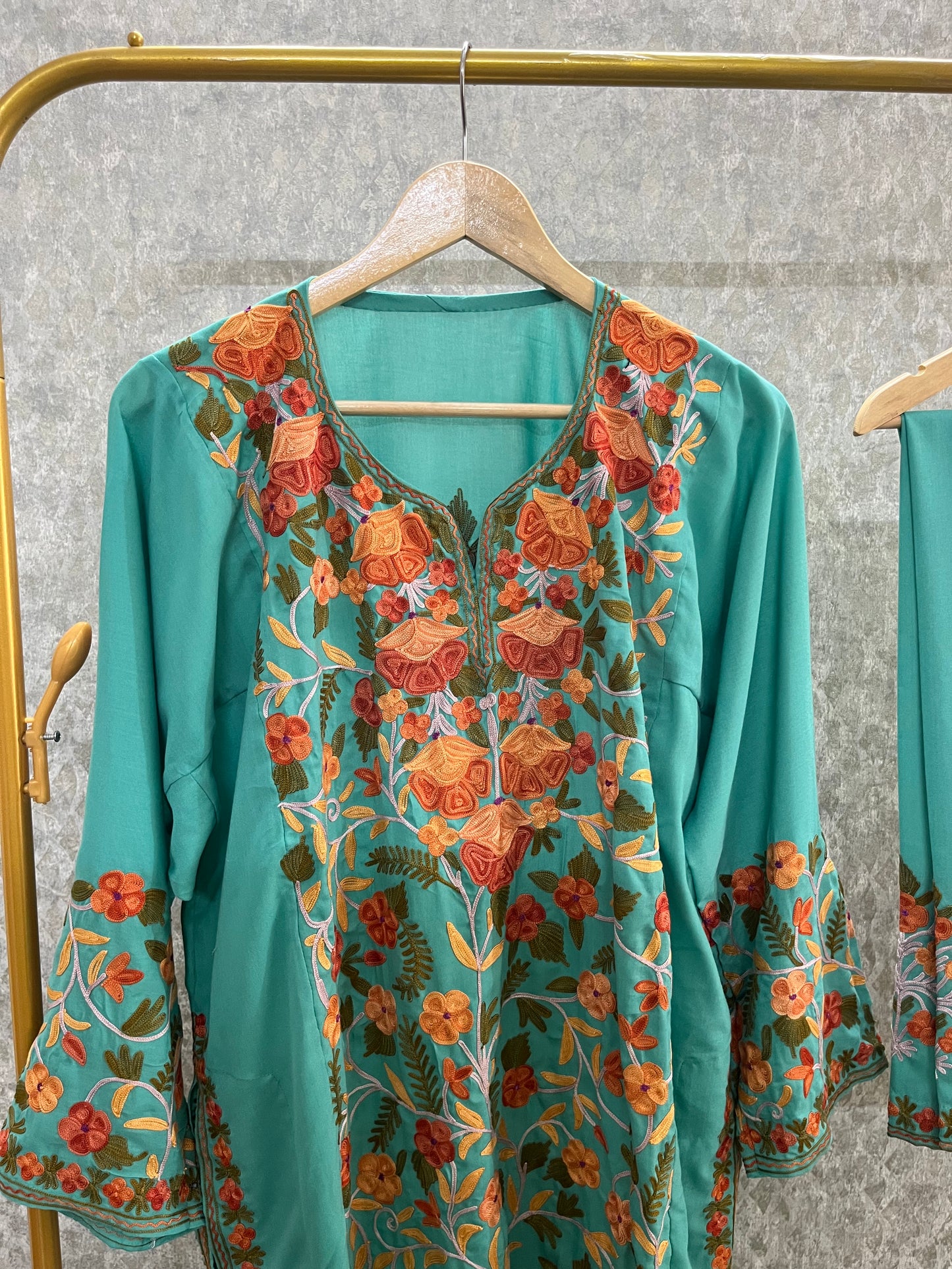 Sea Green Cotton Front Jaal Pheran Set  Size (46)
