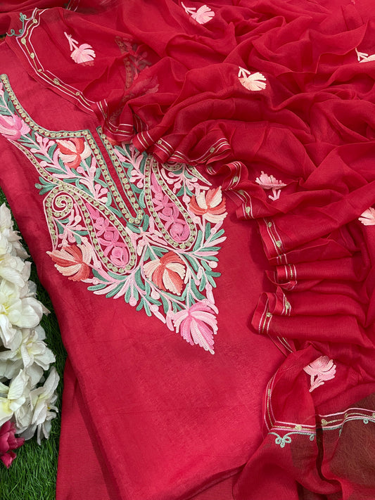 Carrot Red Opada Silk Kashmiri Suit