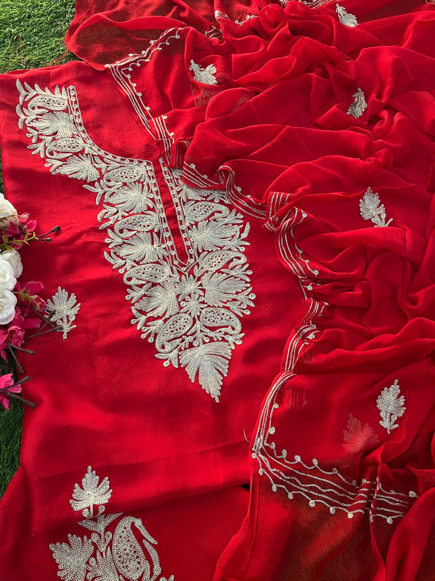 Red Silk Tilla Kashmiri Suit
