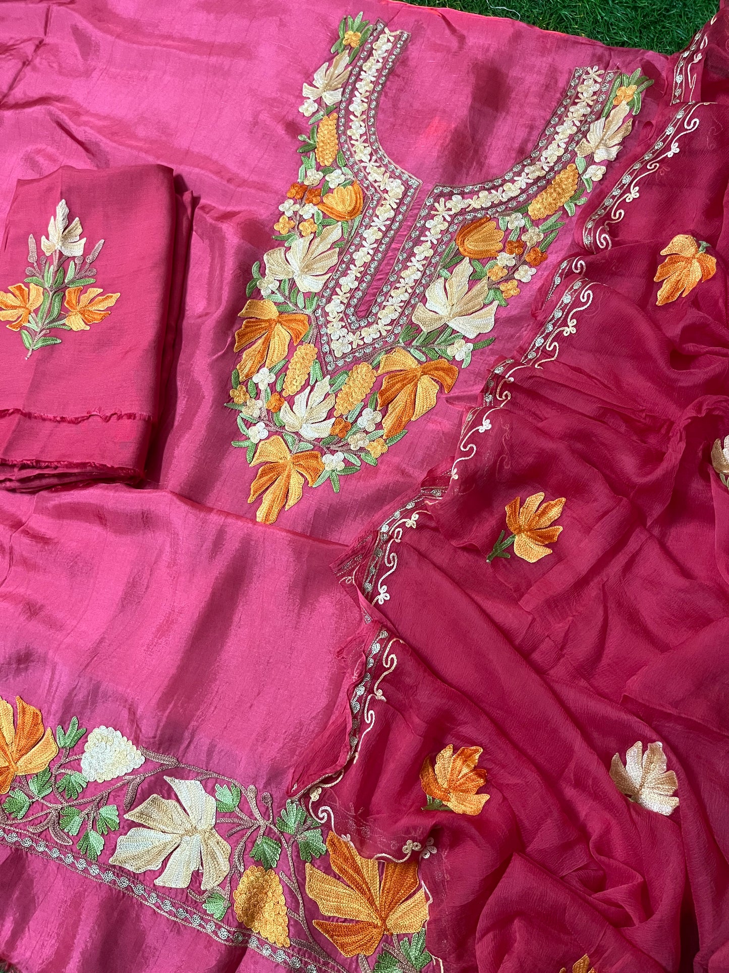 Carrot Pink Opada Silk Aari Embroidered Suit material