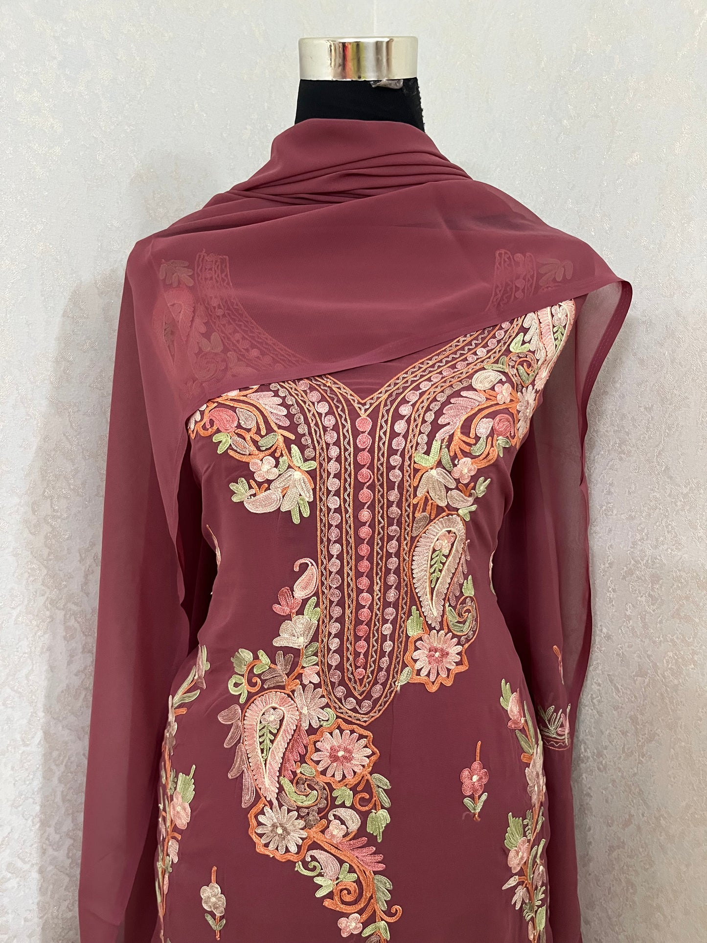 Onion Pink Georgette 3 Pc Kashmiri Suit