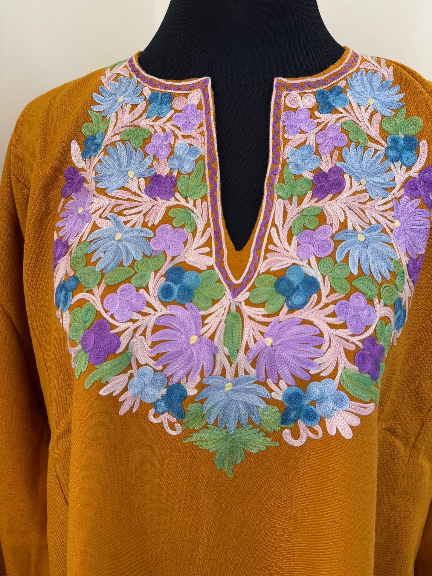 Mustard Yellow Aari Embroidered Wool Pheran