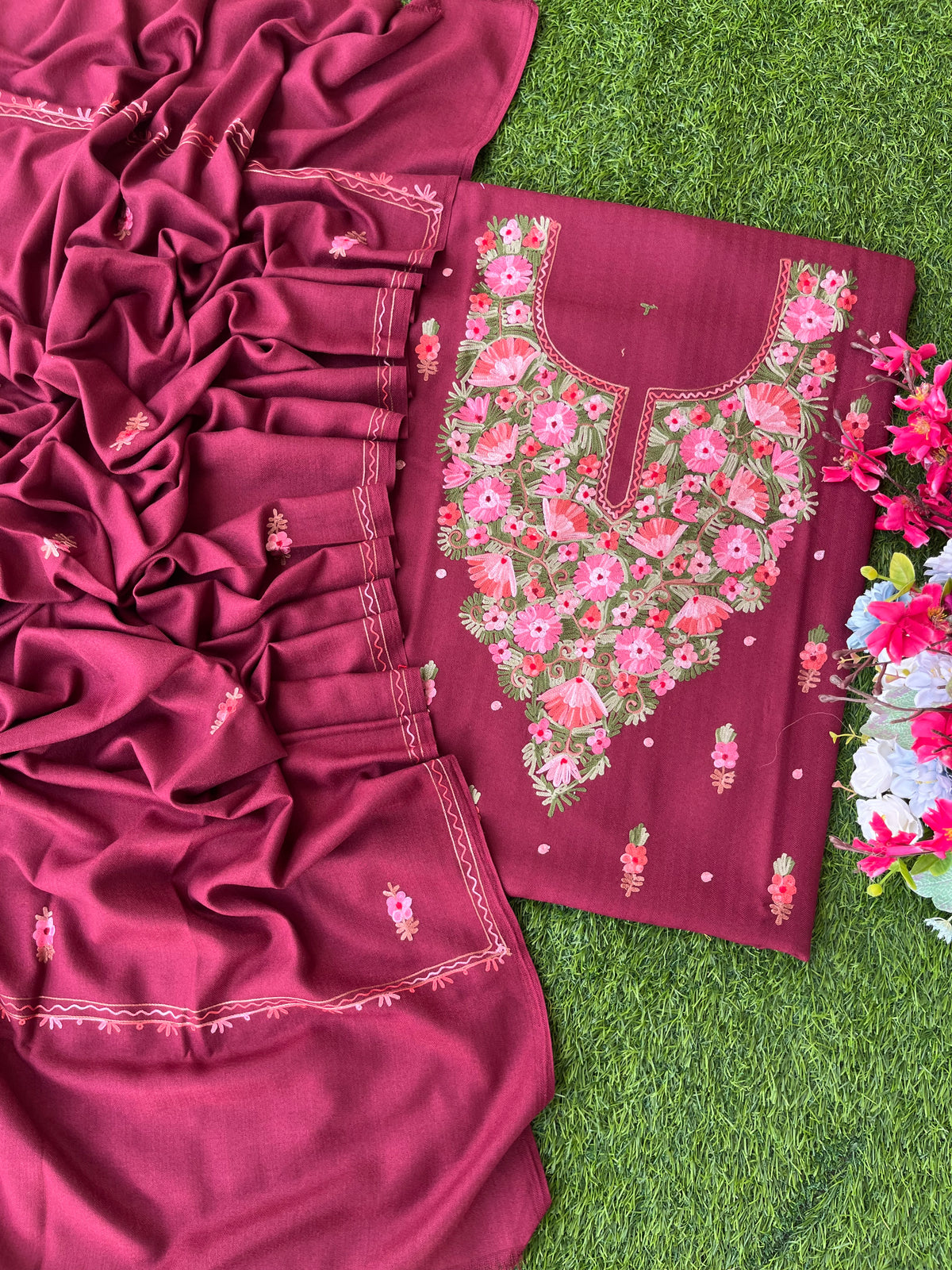Maroon Woollen Aari Embroidered 3pc suit