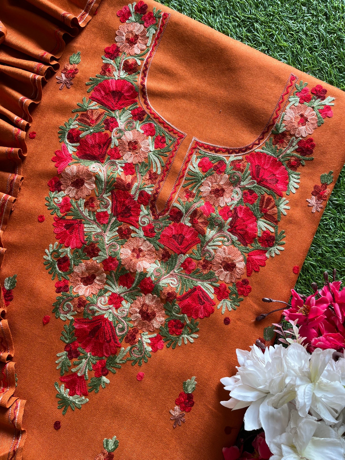 Dull Orange Woollen Aari Embroidered 3pc suit