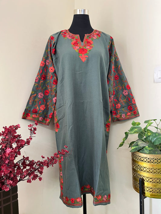 English Blue Aari Embroidered Wool Pheran