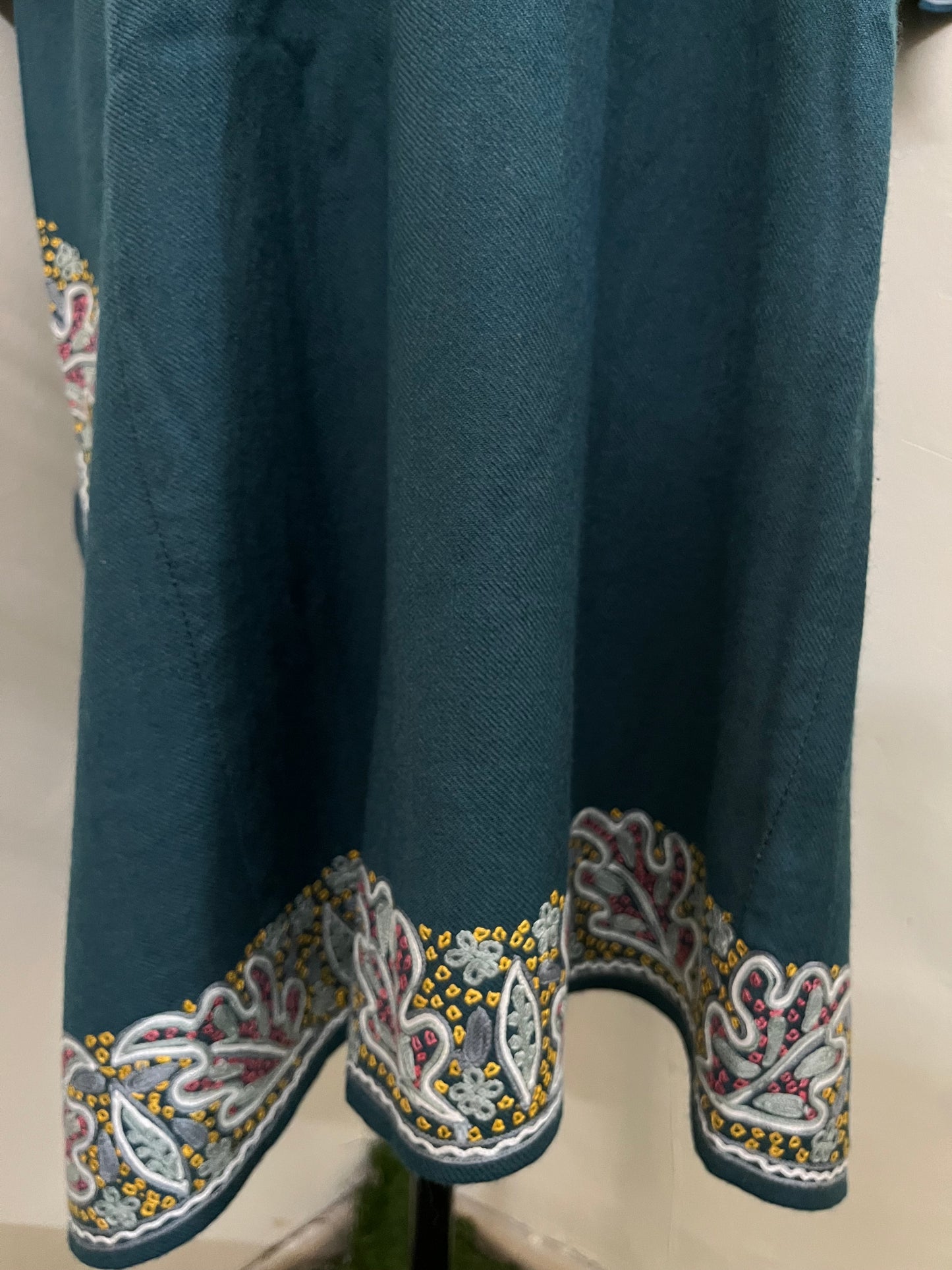 English Blue Aari and Sozni Hand Embroidered Pure Wool Pheran