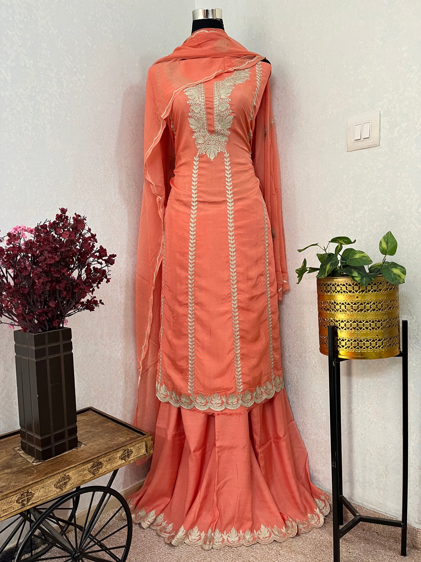 Sanam’ Peach Silk Tilla Embroidered Suit material