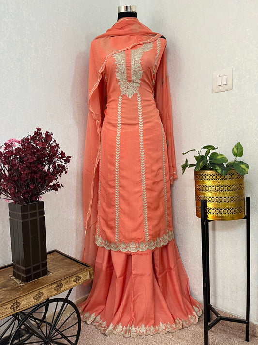 Sanam’ Peach Silk Tilla Embroidered Suit material