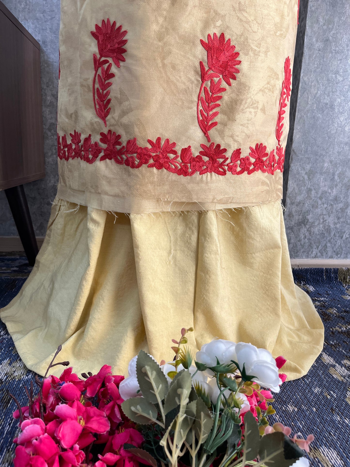 Mustard Gold Self Work Satin Cotton Unstitched Co-ord Set