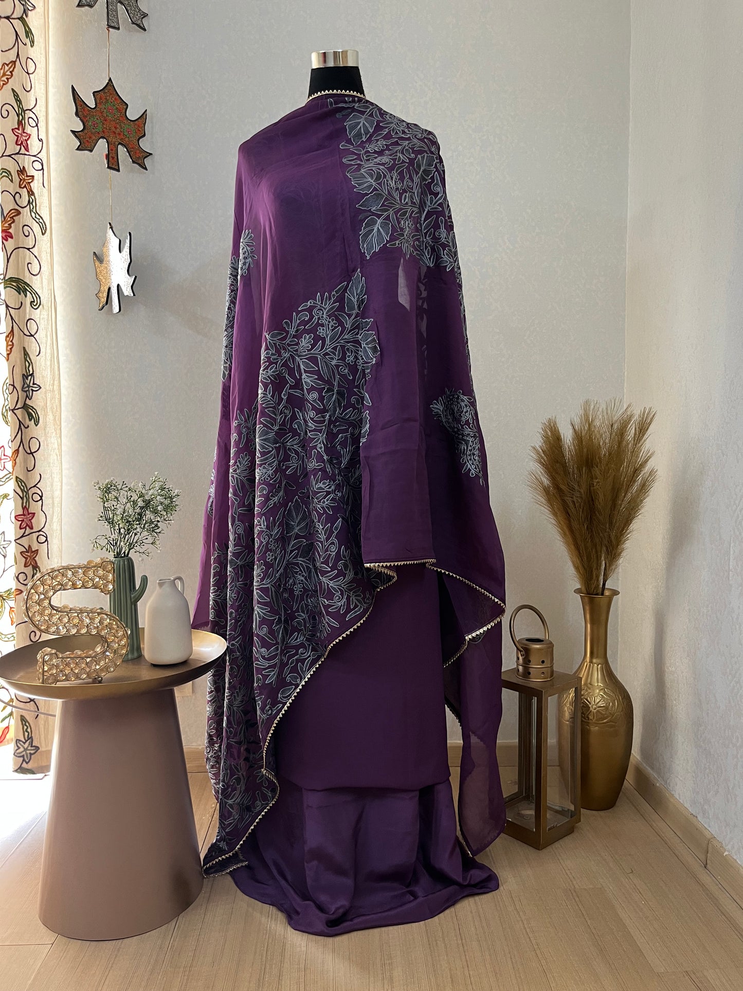Purple Pure Georgette 3 Pc Heavy Kashmiri Suit