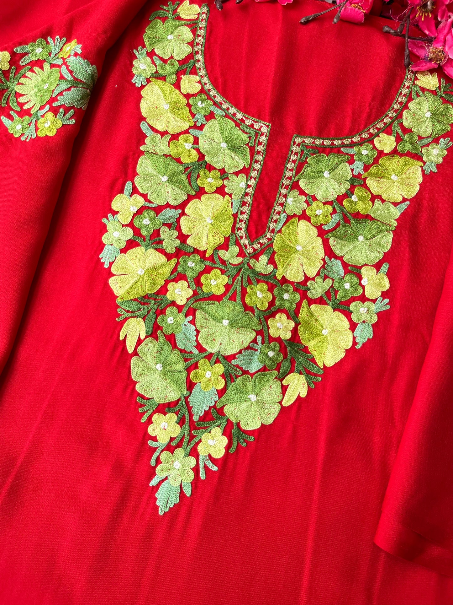 Red Aari Embroidered Cotton Suit Set