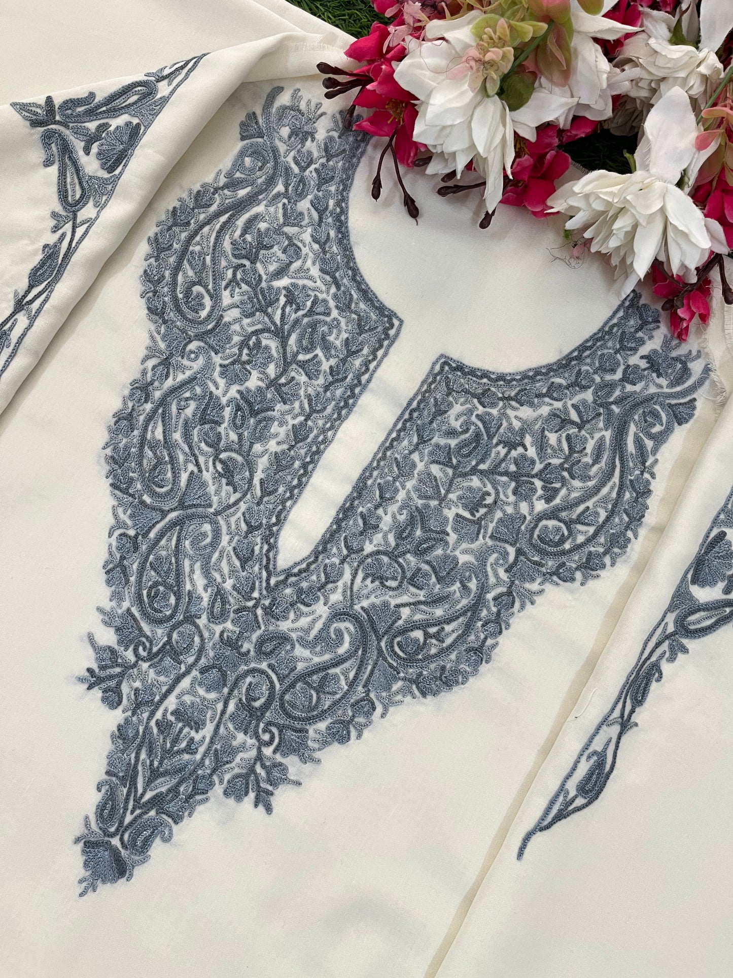 Off White Cotton Two Piece Suit (Hand Embroidered)