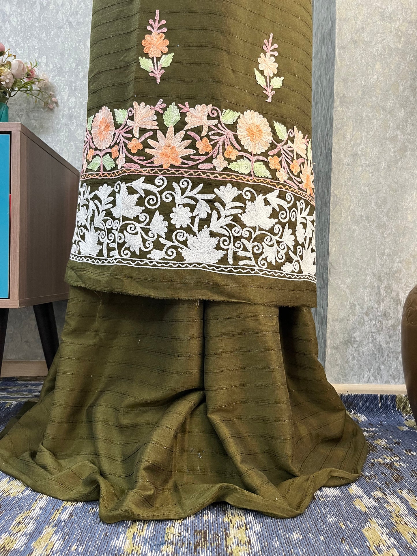 Henna Green Muslin Cotton Striped Pattern Unstitched Co-ord Set