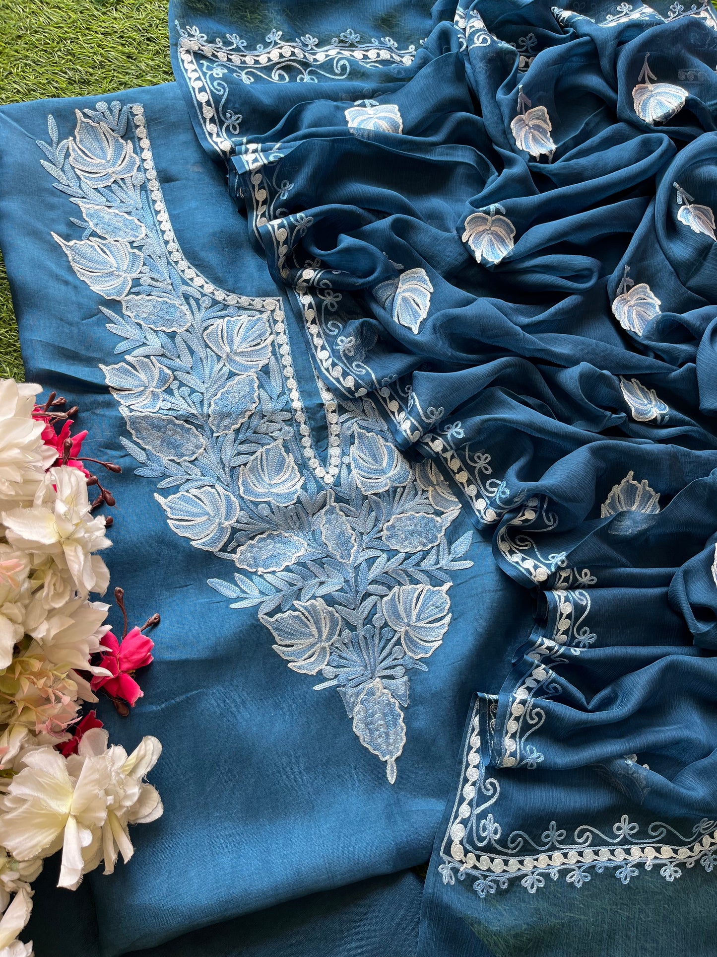 Blue Opada Silk Kashmiri Suit