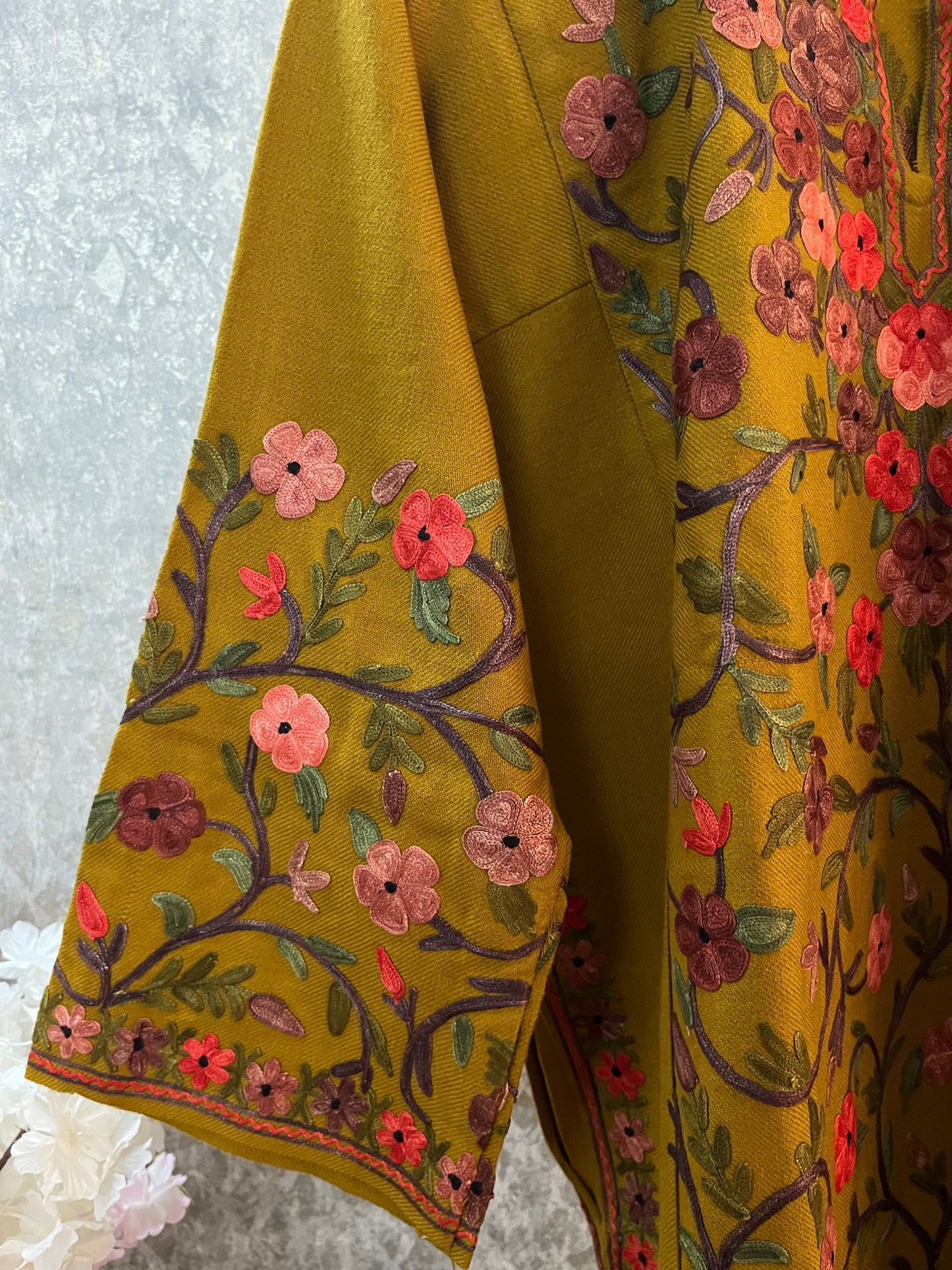 Mustard Gold Aari Embroidered Wool Pheran
