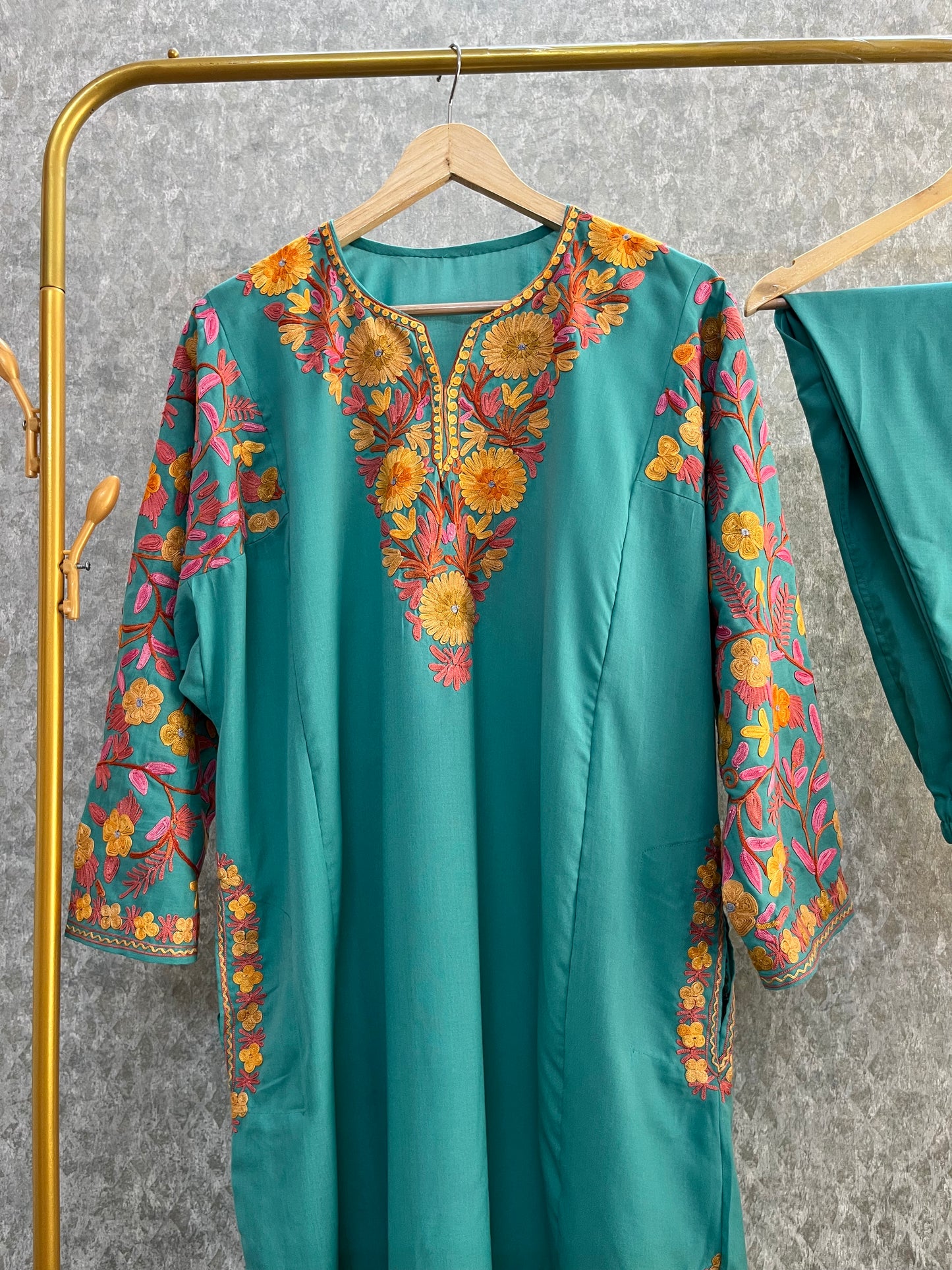 Sea Green Cotton Arm Jaal Pheran Set