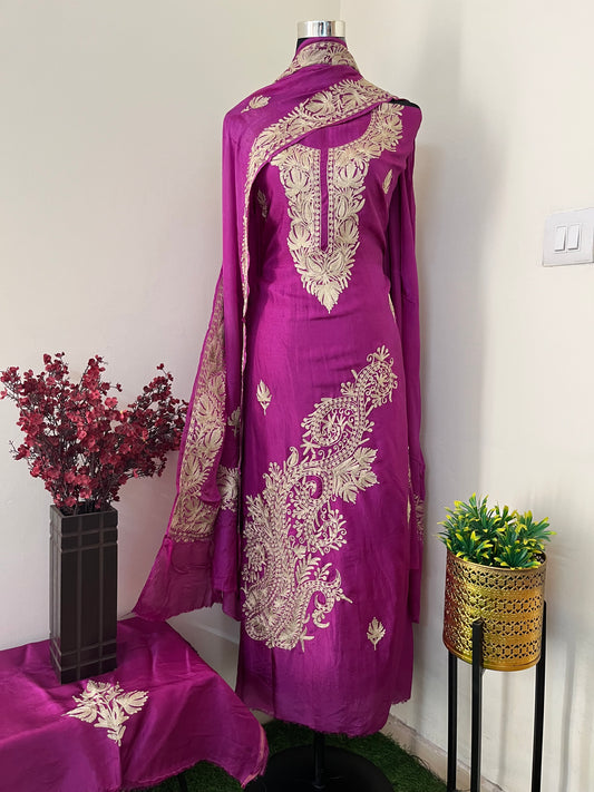 Wine Tilla Embroidered Suit material