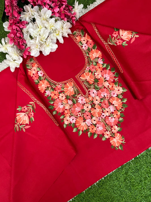 Red Woollen Aari Embroidered 2pc suit 5mtr