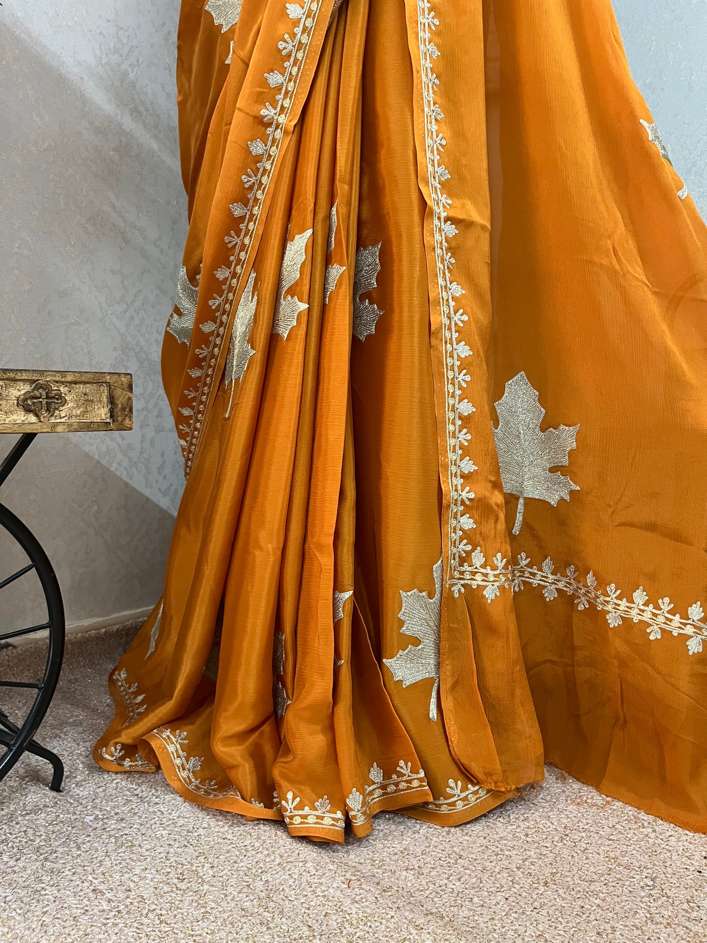 Soft Orange Pure Chinon Kashmiri Tilla Saree