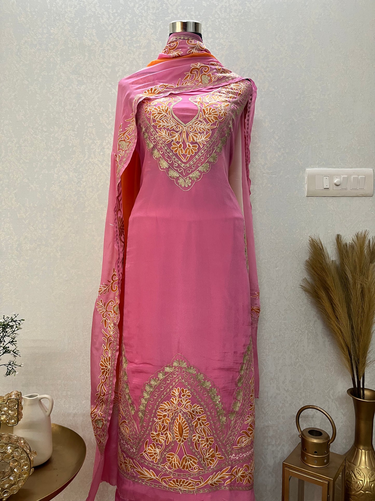Pink Pure Chinon 3 Pc Heavy Front Back Kashmiri Suit