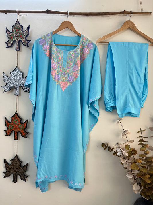 Sky Blue Muslin Cotton Kashmiri Kaftan Set