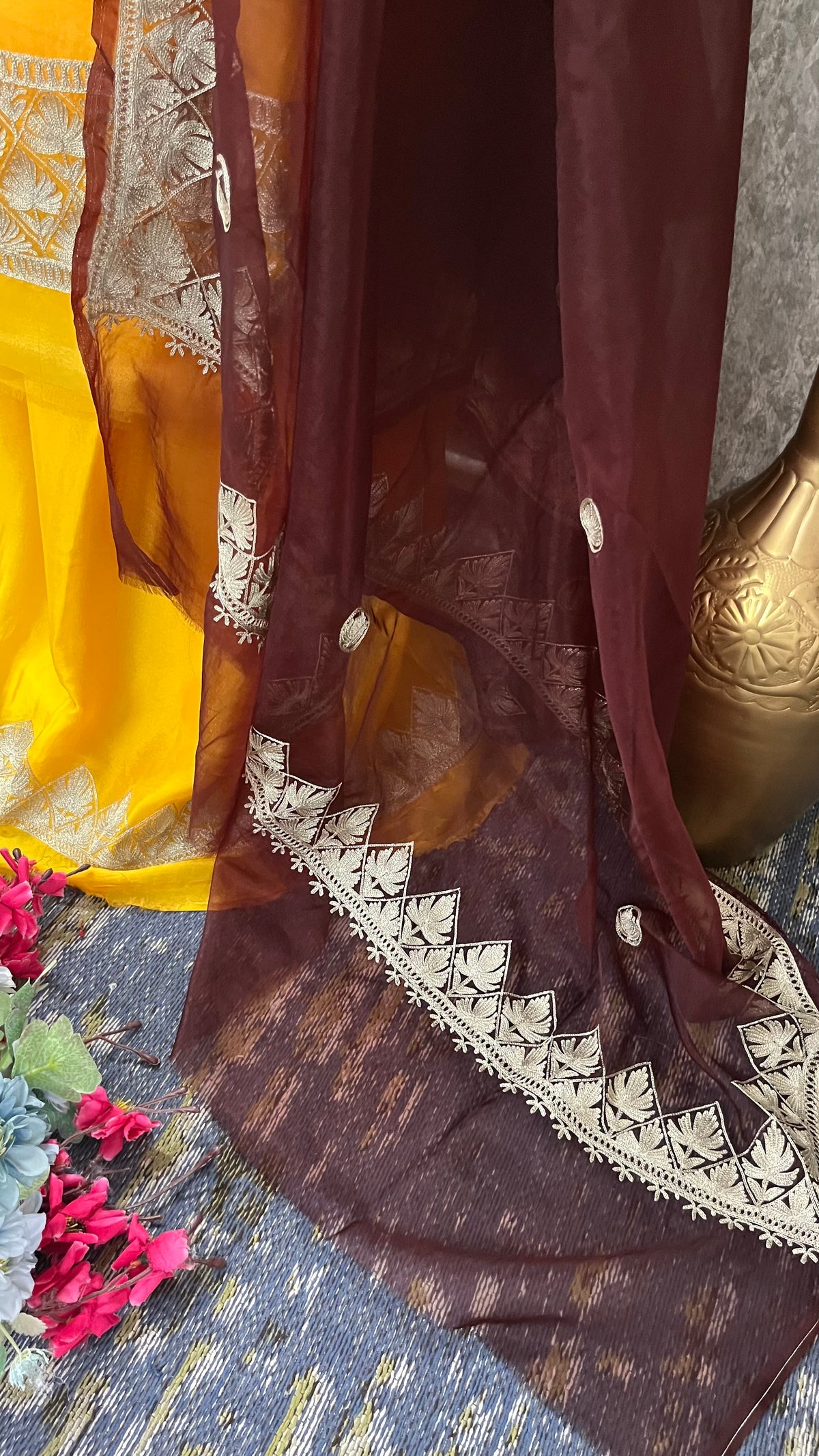 Yellow Soft Tissue Kashmiri Suit