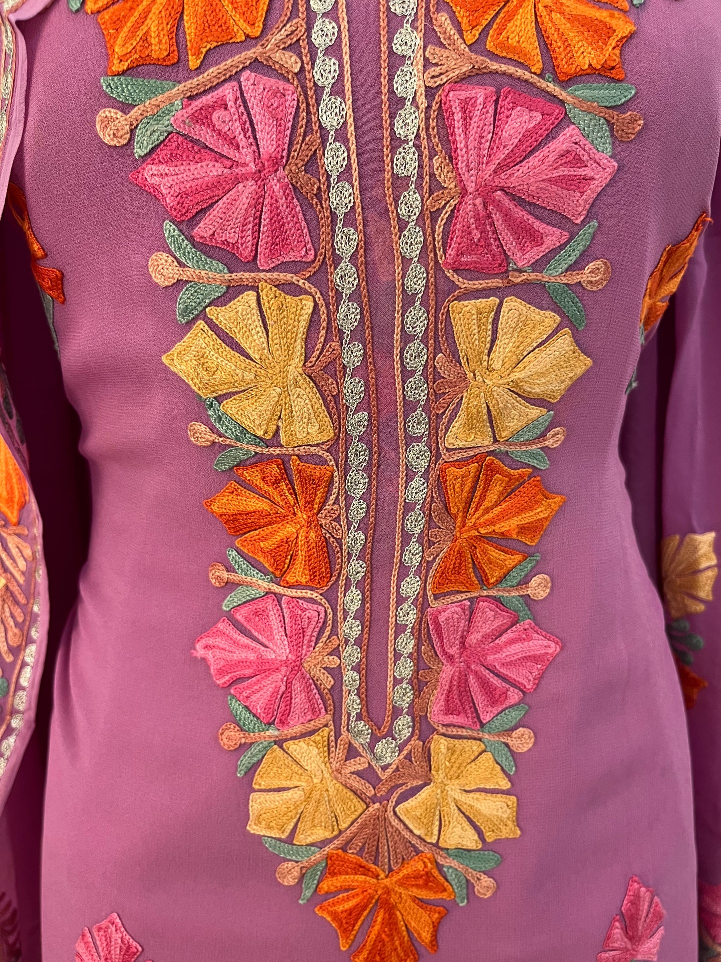 Lilac Pure Georgette Aari Embroidered Suit