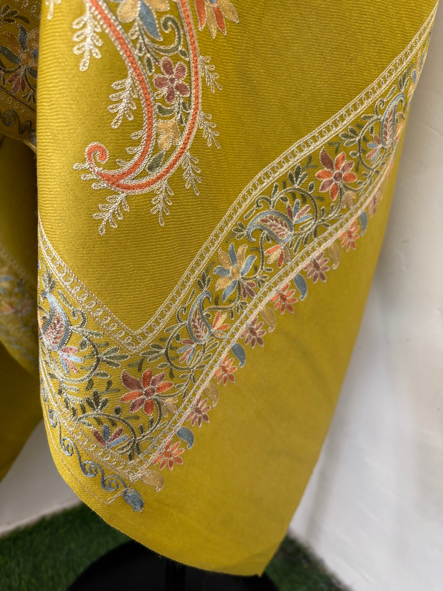 Lime Green Silk Thread Ambi Aangan Embroidered Fine Semi Pashmina stole