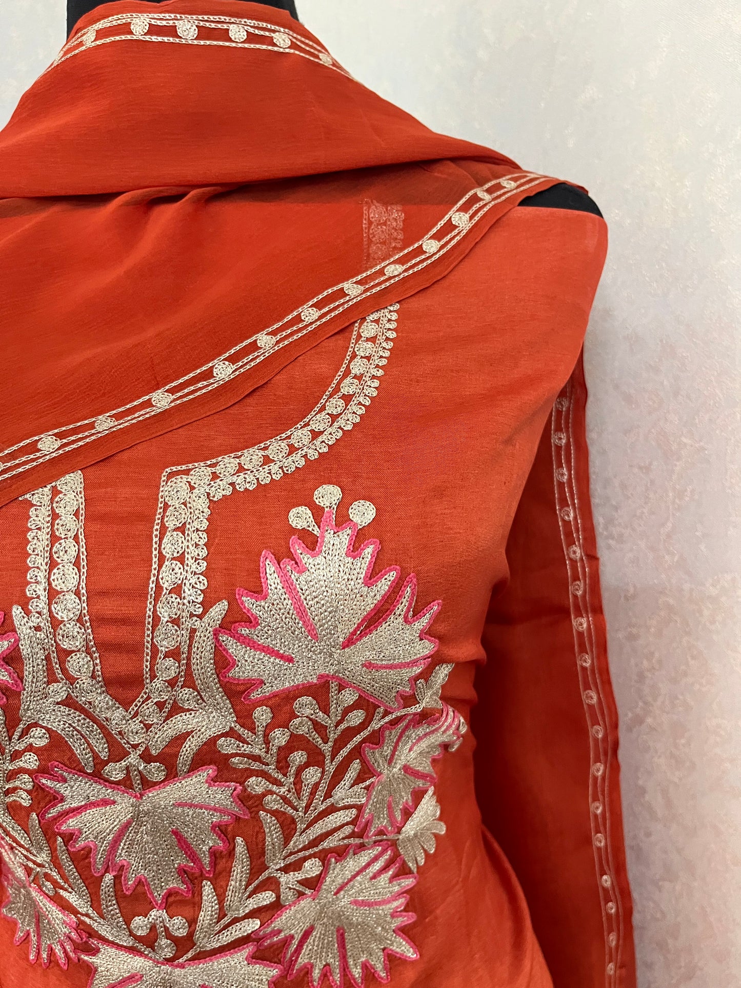 Sweet Orange Silk Tilla Kashmiri Suit