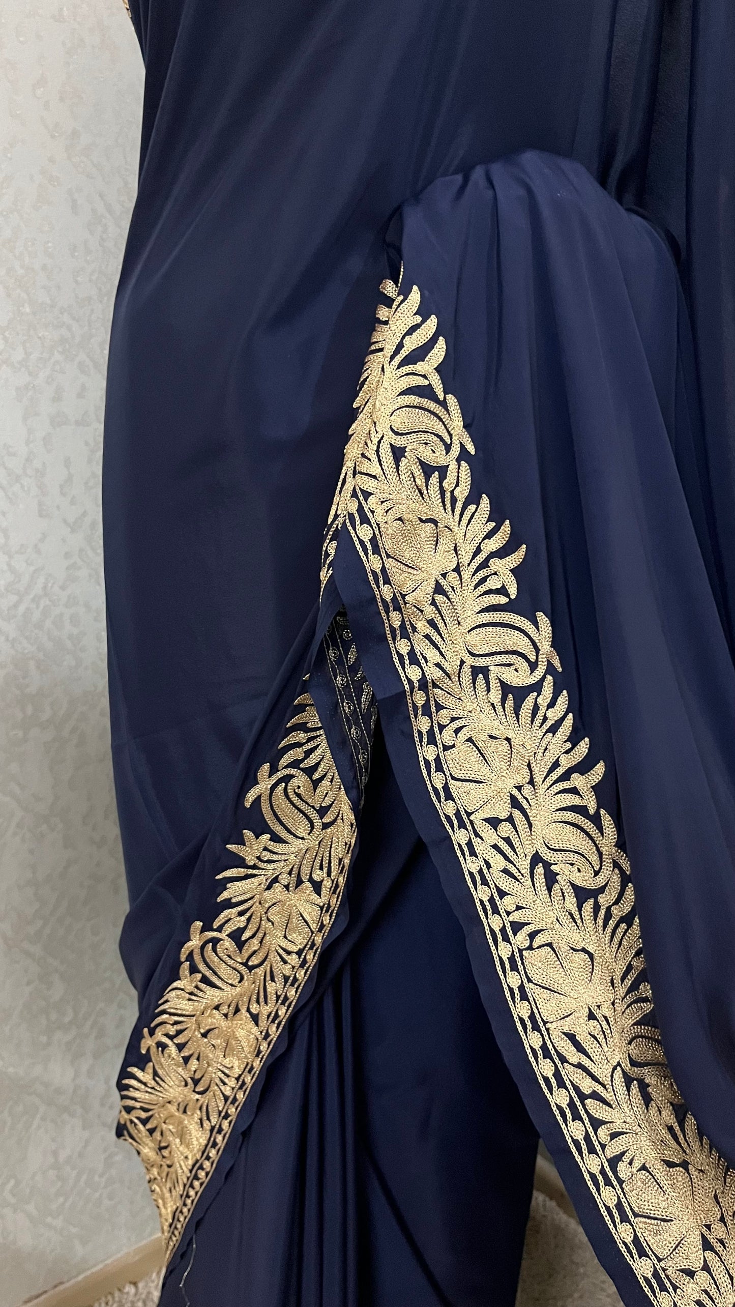 Navy Blue Crape Kashmiri Tilla Saree