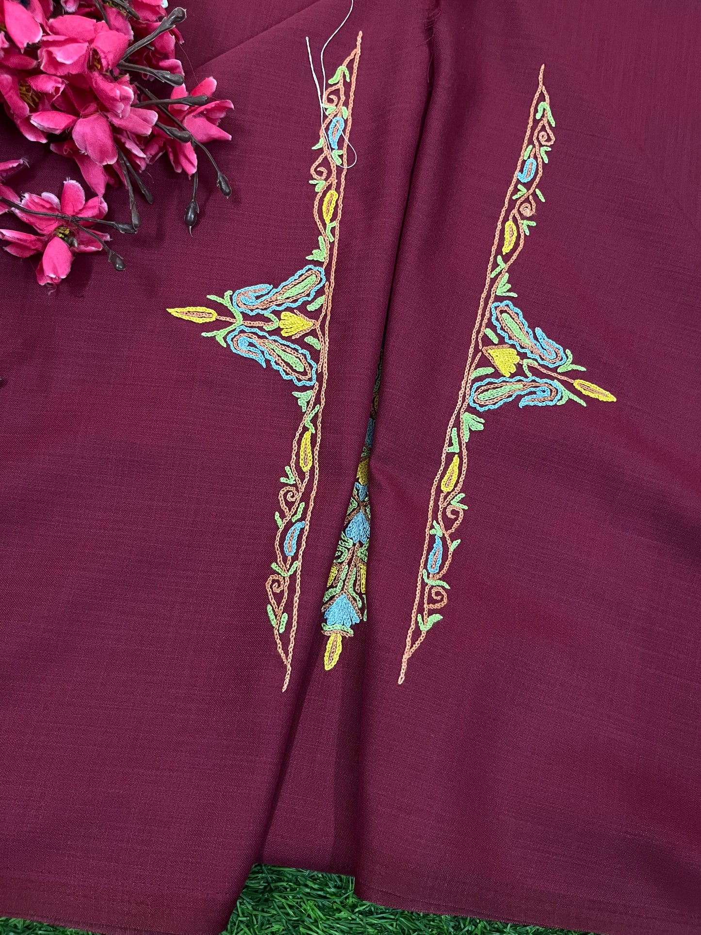 Maroon Cotton Two Piece Suit (Hand Embroidered