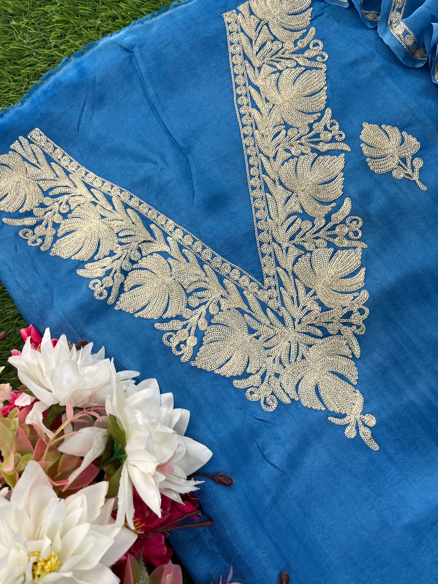 Indigo Blue Silk Tilla Kashmiri Suit