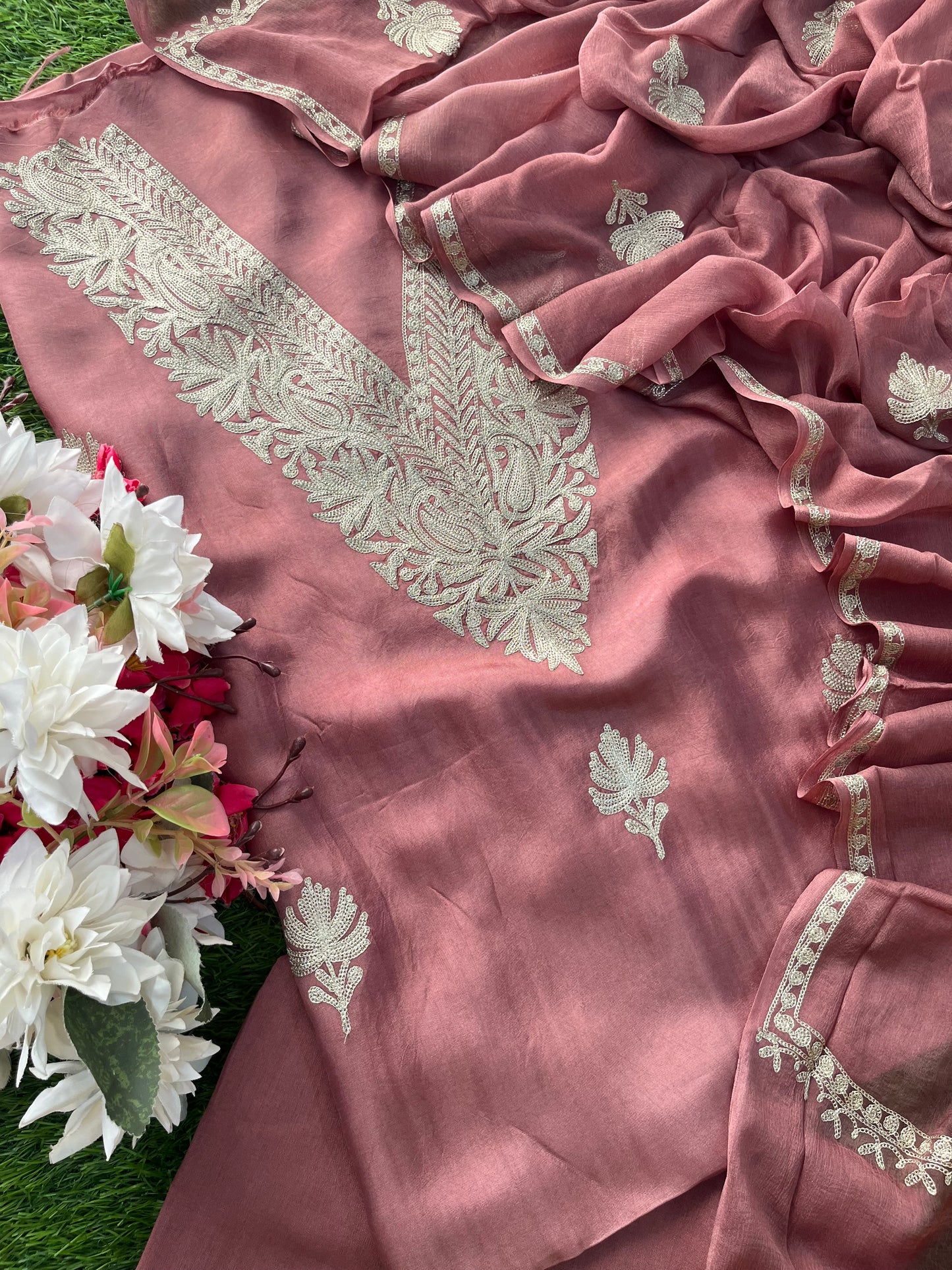 Onion Pink Sanam’ Silk Tilla Kashmiri Suit