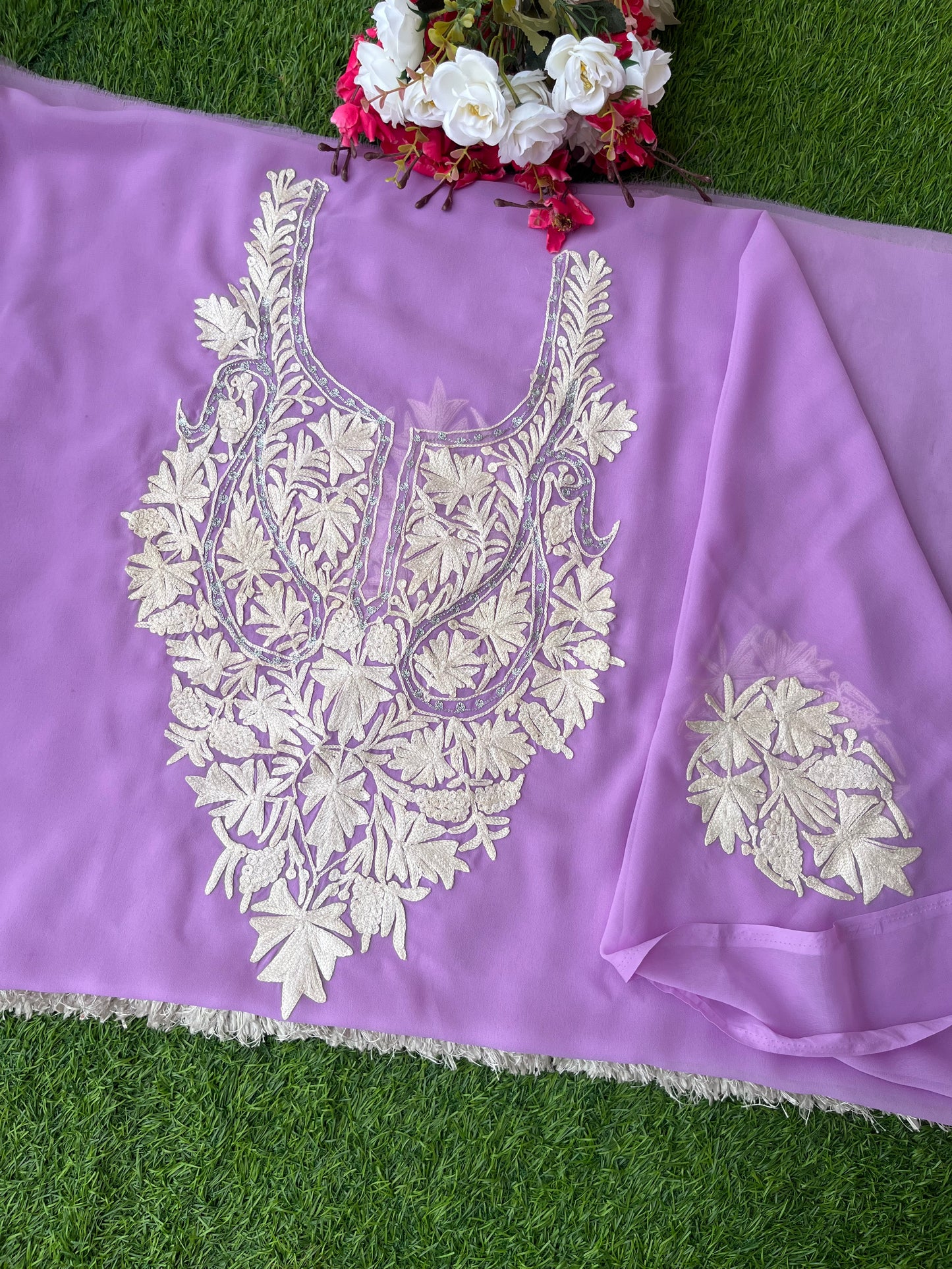 Lilac Georgette Aari Embroidered Unstitched Kurta Material