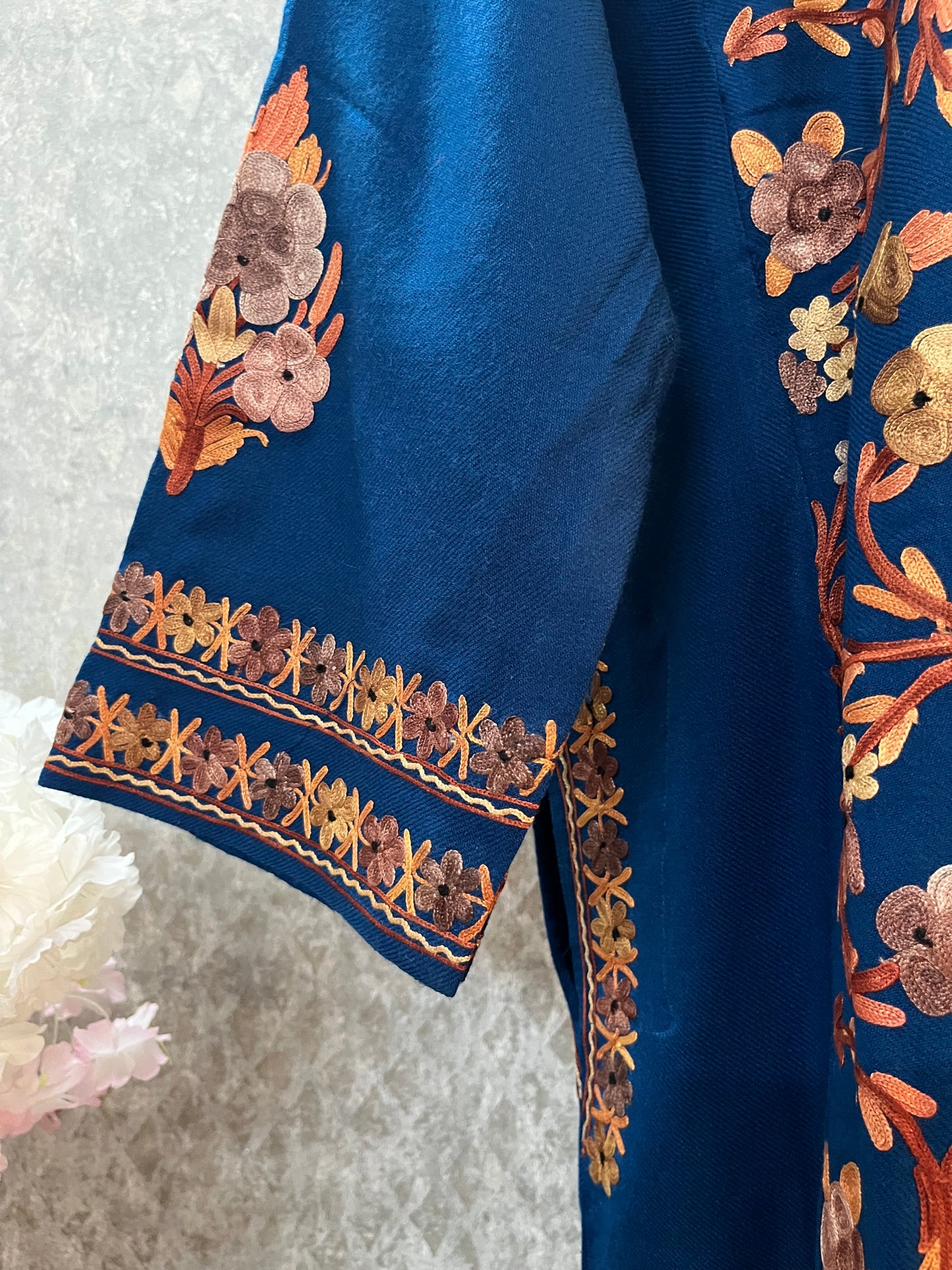 Peacock Blue Aari Embroidered Wool Pheran