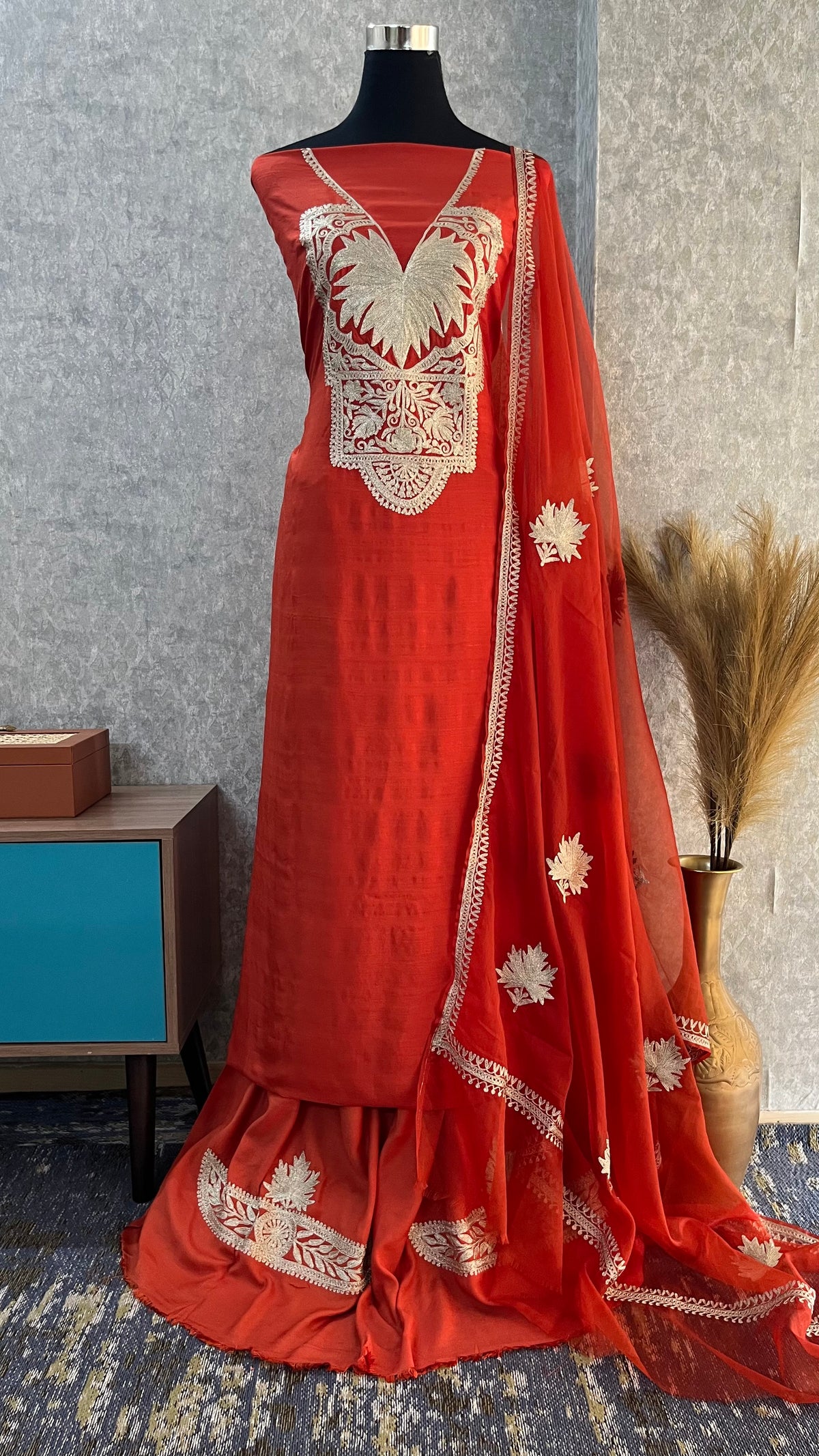 Orange Silk Tilla Embroidered Suit