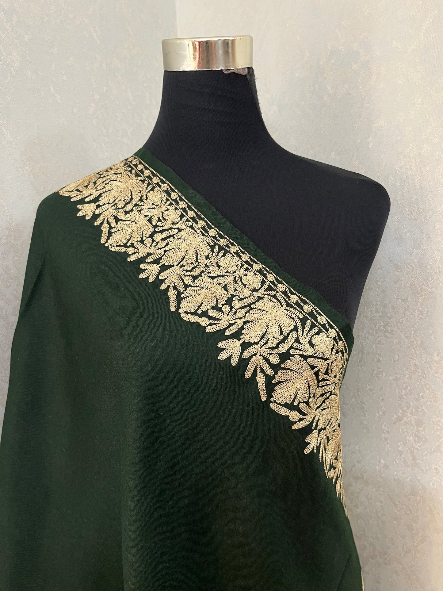 Bottle Green Semi Pashmina Tilla Embroidered stole