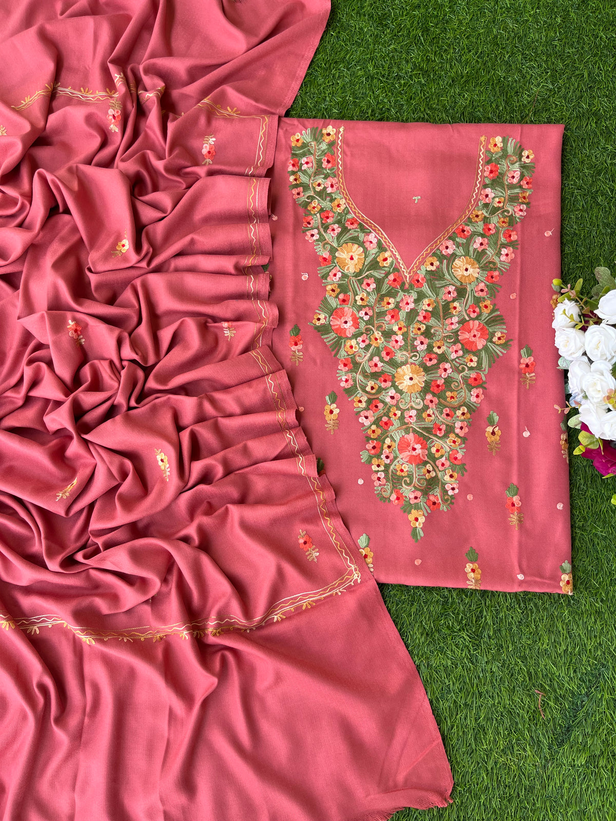 Pink Woollen Aari Embroidered 3pc suit