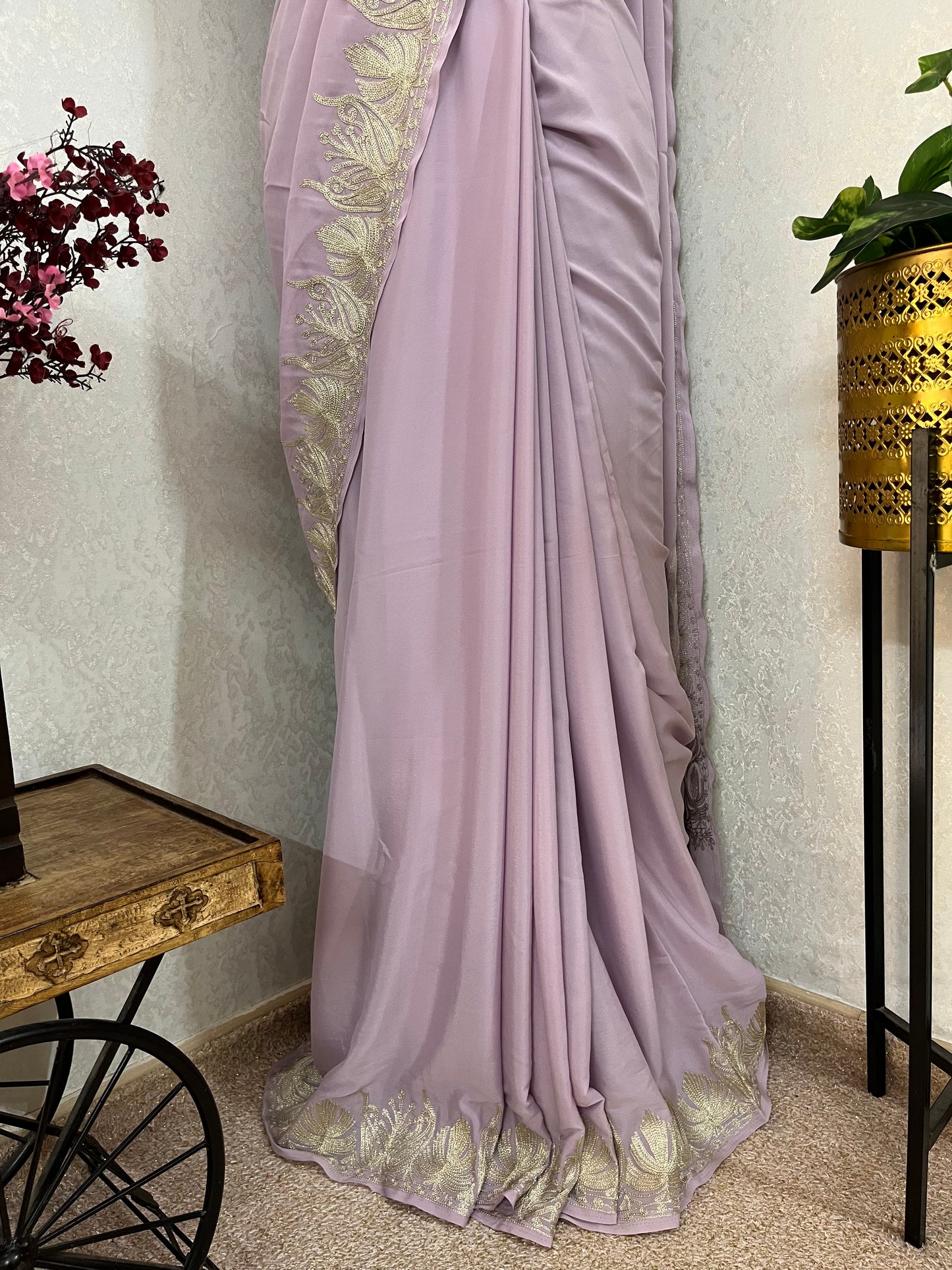 Soft Purple Crape Kashmiri Tilla Saree