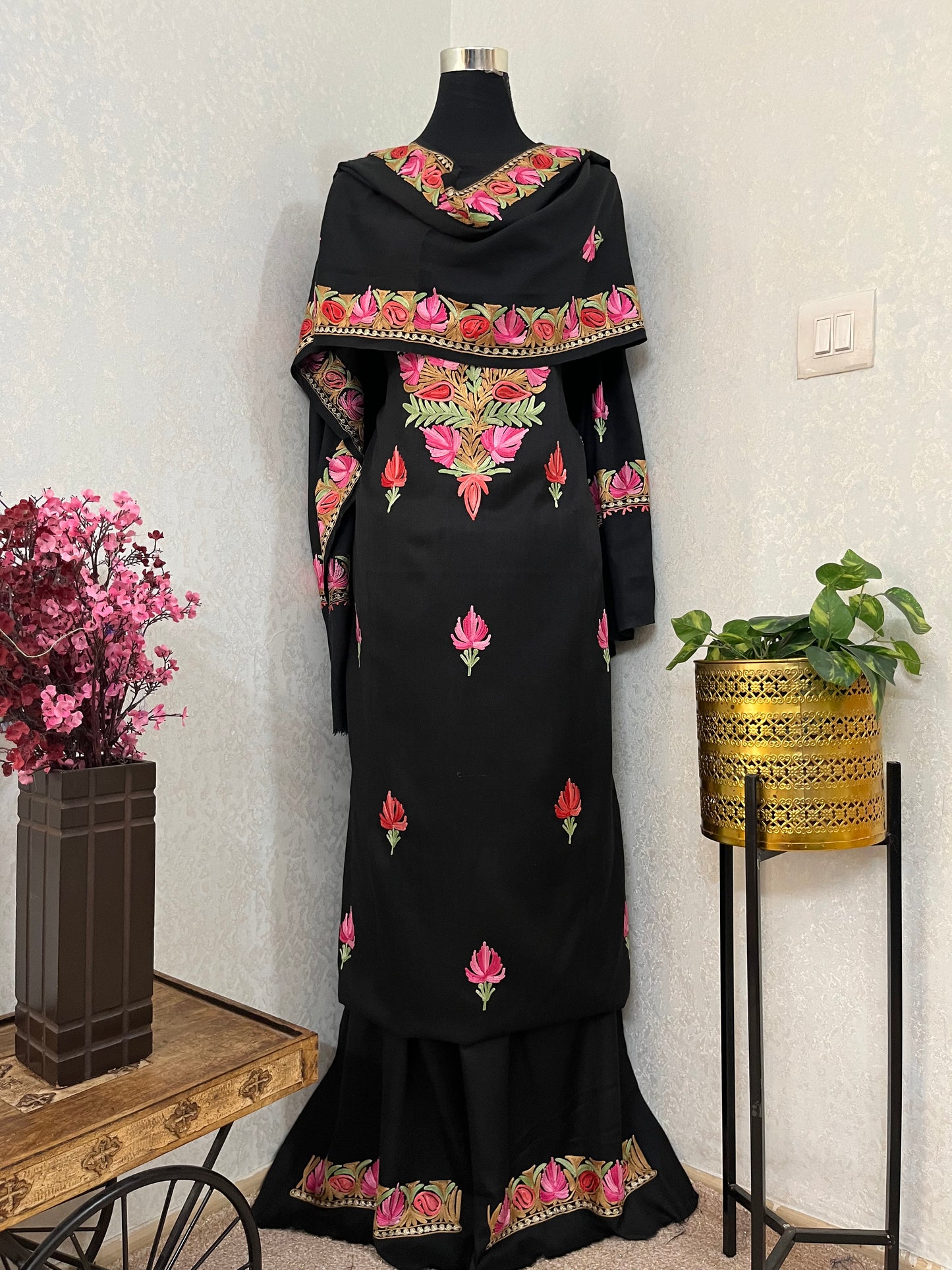 Black Pure Wool Aari Embroidered 3pc Suit Stole