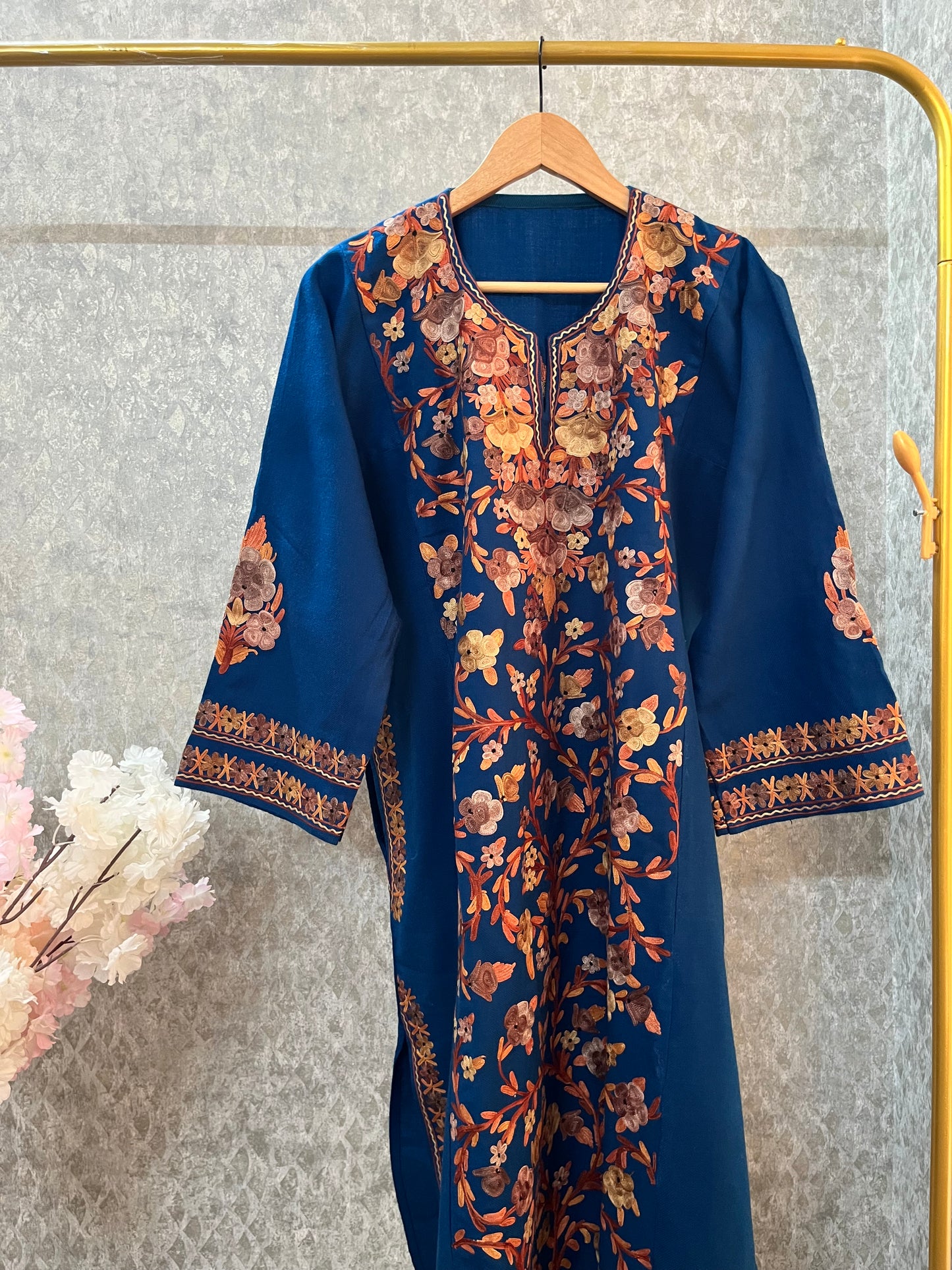 Peacock Blue Aari Embroidered Wool Pheran