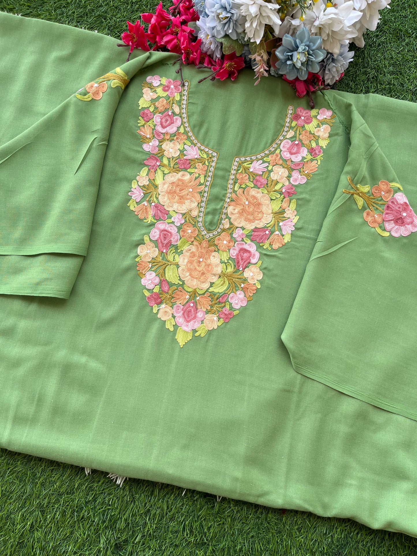 Pastel Green Aari Embroidered Cotton Suit Set