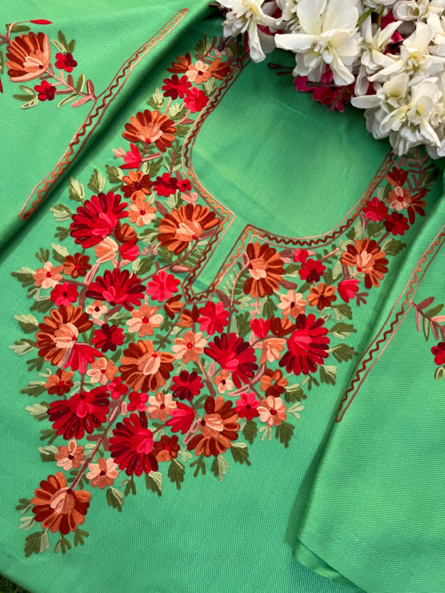Soft Green Woollen Aari Embroidered 2pc suit 5mtr