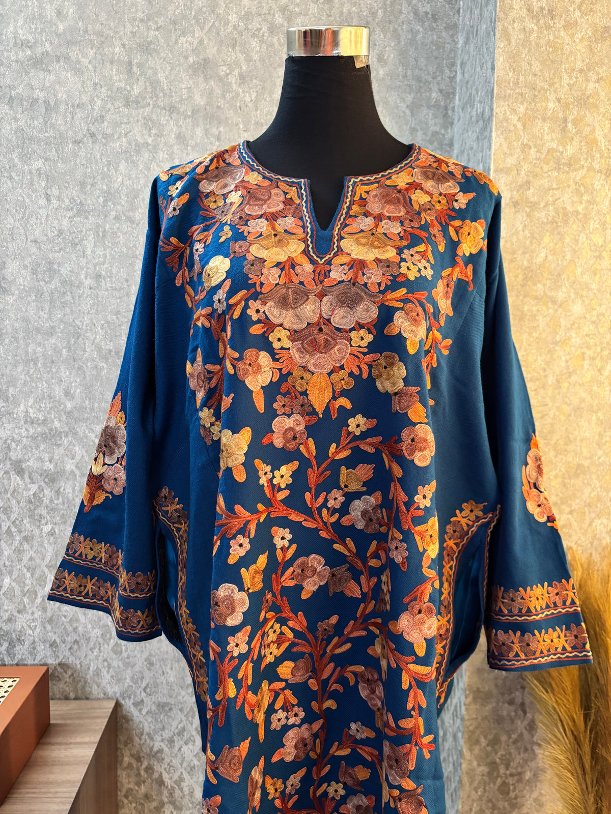 Peacock Blue Aari Embroidered Wool Pheran